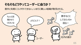 そもそもどうやってユーザーに会うか︖
65
意外と気軽にコンタクトできない。いまだに難しい組織が散⾒される。
ちょっと話
聞かせて
くださいな
よろこんで︕
勝⼿なこと
してもらっちゃ
困る︕
ユーザー
社内の誰か
 