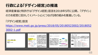 ⾏政による「デザイン経営」の推進
68
経済産業省と特許庁は「デザイン経営」宣⾔を2018年5⽉に公開。 「デザイン」
の⼒を経営に活かしてイノベーションにつなげる取り組みを推進している。
「デザイン経営」宣⾔
https://www.meti.go.jp/press/2018/05/20180523002/2018052
3002-1.pdf
 