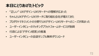 本⽇にとりあげたトピック
72
• “正しい” UXデザイン・UXリサーチへの理解が広まった
• ちゃんとUXデザイン・UXリサーチに取り組む会社が増えてきた
• プロダクトマネジメントの分野でUXデザイン・UXリサーチへのニーズが⾼まった
• ユーザーインタビューのマッチングプラットフォームサービスが勃興
• ⾏政による「デザイン経営」の推進
• ユーザーインタビューの会話サンプル無料ダウンロード
 