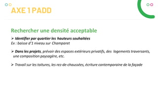 AXE 1 PADD
 Identifier par quartier les hauteurs souhaitées
Ex : baisse d’1 niveau sur Champaret
 Dans les projets, prévoir des espaces extérieurs privatifs, des logements traversants,
une composition paysagère, etc.
 Travail sur les toitures, les rez-de-chaussées, écriture contemporaine de la façade
Rechercher une densité acceptable
 