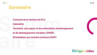 Sommaire
Contexte de la révision du PLU
Calendrier
Territoire, ses enjeux et les orientations d’aménagement
et de développement durables (PADD)
Orientations sur certains secteurs (OAP)
 