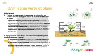 OAP Trame verte et bleue
Orientations
1. Protéger les espaces naturels, agricoles et forestiers, ainsi que
certains corridors écologiques, support de biodiversité et d’espaces
de loisirs
Les réservoirs de biodiversité et des corridors écologiques « fonctionnels » en
zone naturelle et agricole / les boisements des côteaux (valeur paysagère, gestion
des risques, accueil de la biodiversité, cônes de vue sur les côteaux) / / les berges
de la Bourbre et du Bion / les limites entre espace urbain et espaces agricoles / le
développement d’arbres et de haies dans les espaces naturels, agricoles et
forestiers / limiter les obstacles aux déplacements de la faune / les transitions et
lisières naturelles / réduire la pollution lumineuse et encourager la préservation
de la trame noire
2. Déployer la trame verte et bleue dans les opérations d’aménagement,
tout en sauvegardant l’existant
les espaces de nature existants /des espaces verts de pleine terre, arborés et
connectés au reste de la trame verte et bleue / les espaces verts pour la gestion
les eaux pluviales / des strates végétales dans les opérations d’aménagement / le
paysage des entrées de ville de la commune / la réalisation d’un volet paysager ou
un cahier de prescriptions architecturales, urbaines, paysagères, intégrant un
état des lieux et diagnostic paysager, dans les opérations de plus de 1000m²
 