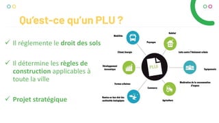 Qu’est-ce qu’un PLU ?
 Il réglemente le droit des sols
 Il détermine les règles de
construction applicables à
toute la ville
 Projet stratégique
 