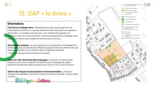 12. OAP « la Grive »
Orientations
Fonctions et maillage viaire : Développement dans le prolongement de
l’urbanisation existante, un seuil de déclenchement favorisant une opération
d’ensemble, un maillage viaire de type «voie résidentielle apaisée» en
connexion avec les voies existantes, à terme la possibilité d’un maillage mode
doux en connexion avec la polarité commerces et services…
Morphologies urbaines : au sud-ouest du site une opération d’aménagement
d’ensemble avec programmation d’habitat groupé en lien avec l’habitat de type
faubourien existant, sur le reste du site du logement individuel.
> Préserver des percées visuelles vers la plaine
Nature en ville, Patrimoine bâti et paysager : préserver la trame boisée
présente sur le site et organiser les jardins pour un paysage de qualité,
préserver les éléments patrimoniaux ancien lavoir et mur en pierre sèche …
Gestion des risques et préconisations environnementales : utilisation
énergies renouvelables, optimiser l’accès à la lumière naturelle, insertion dans
la pente …
 