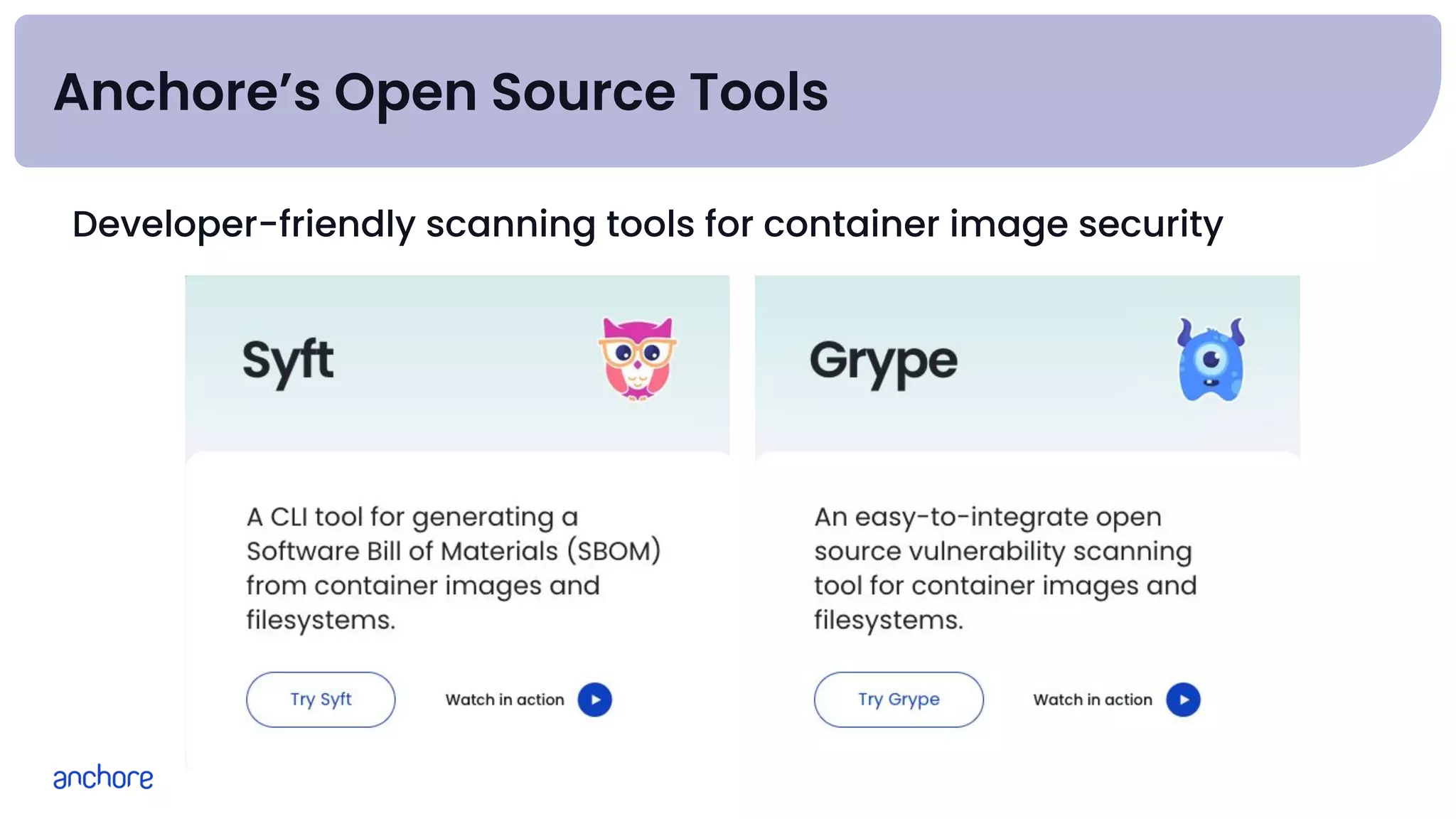 Anchore’s Open Source Tools
Developer-friendly scanning tools for container image security
 