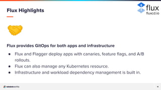 15
15
🤝
Flux provides GitOps for both apps and infrastructure
● Flux and Flagger deploy apps with canaries, feature ﬂags, and A/B
rollouts.
● Flux can also manage any Kubernetes resource.
● Infrastructure and workload dependency management is built in.
Flux Highlights ﬂuxcd.io
 