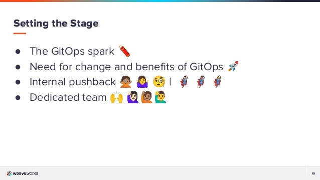 10
10
● The GitOps spark 🧨
● Need for change and beneﬁts of GitOps 🚀
● Internal pushback 󰚁 󰤈 🧐 | 󰬾 󰭂 󰭉
● Dedicated team 🙌 󰢦󰚐󰢧
Setting the Stage
 