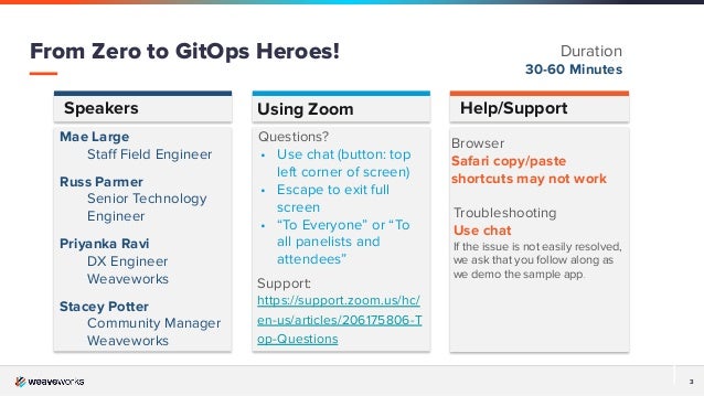 3
Speakers Help/Support
Mae Large
Staﬀ Field Engineer
Russ Parmer
Senior Technology
Engineer
Priyanka Ravi
DX Engineer
Weaveworks
Stacey Potter
Community Manager
Weaveworks
Browser
Safari copy/paste
shortcuts may not work
Using Zoom
Questions?
• Use chat (button: top
left corner of screen)
• Escape to exit full
screen
• “To Everyone” or “To
all panelists and
attendees”
Support:
https://support.zoom.us/hc/
en-us/articles/206175806-T
op-Questions
Troubleshooting
Use chat
If the issue is not easily resolved,
we ask that you follow along as
we demo the sample app.
From Zero to GitOps Heroes! Duration
30-60 Minutes
 