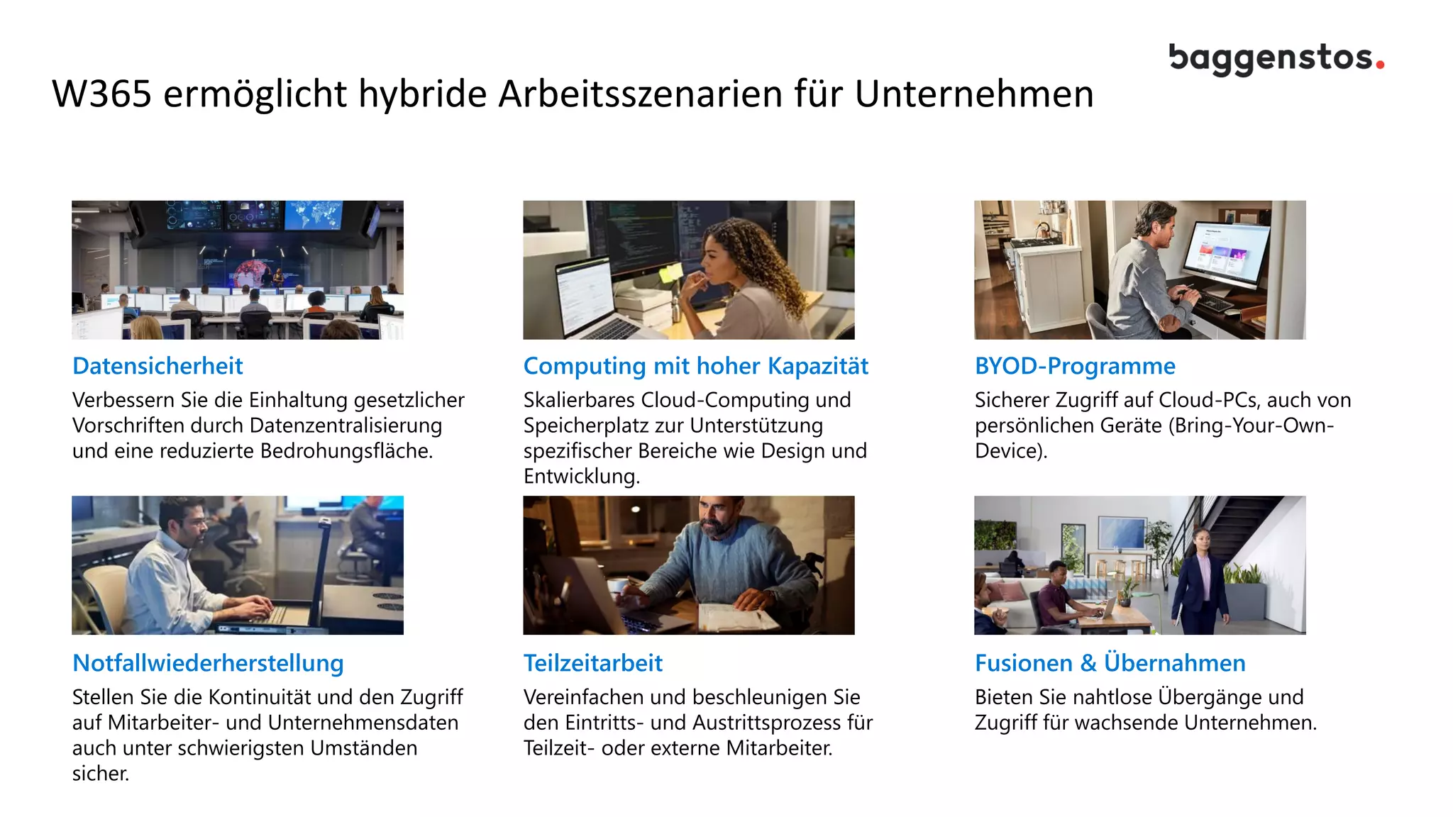 W365 ermöglicht hybride Arbeitsszenarien für Unternehmen
Verbessern Sie die Einhaltung gesetzlicher
Vorschriften durch Datenzentralisierung
und eine reduzierte Bedrohungsfläche.
Datensicherheit
Sicherer Zugriff auf Cloud-PCs, auch von
persönlichen Geräte (Bring-Your-Own-
Device).
BYOD-Programme
Skalierbares Cloud-Computing und
Speicherplatz zur Unterstützung
spezifischer Bereiche wie Design und
Entwicklung.
Computing mit hoher Kapazität
Stellen Sie die Kontinuität und den Zugriff
auf Mitarbeiter- und Unternehmensdaten
auch unter schwierigsten Umständen
sicher.
Notfallwiederherstellung
Bieten Sie nahtlose Übergänge und
Zugriff für wachsende Unternehmen.
Fusionen & Übernahmen
Vereinfachen und beschleunigen Sie
den Eintritts- und Austrittsprozess für
Teilzeit- oder externe Mitarbeiter.
Teilzeitarbeit
 