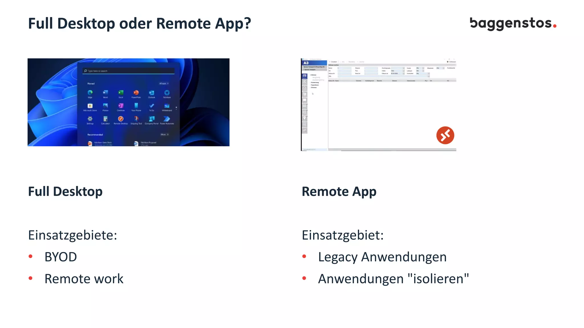 Full Desktop oder Remote App?
Full Desktop
Einsatzgebiete:
• BYOD
• Remote work
Remote App
Einsatzgebiet:
• Legacy Anwendungen
• Anwendungen "isolieren"
 