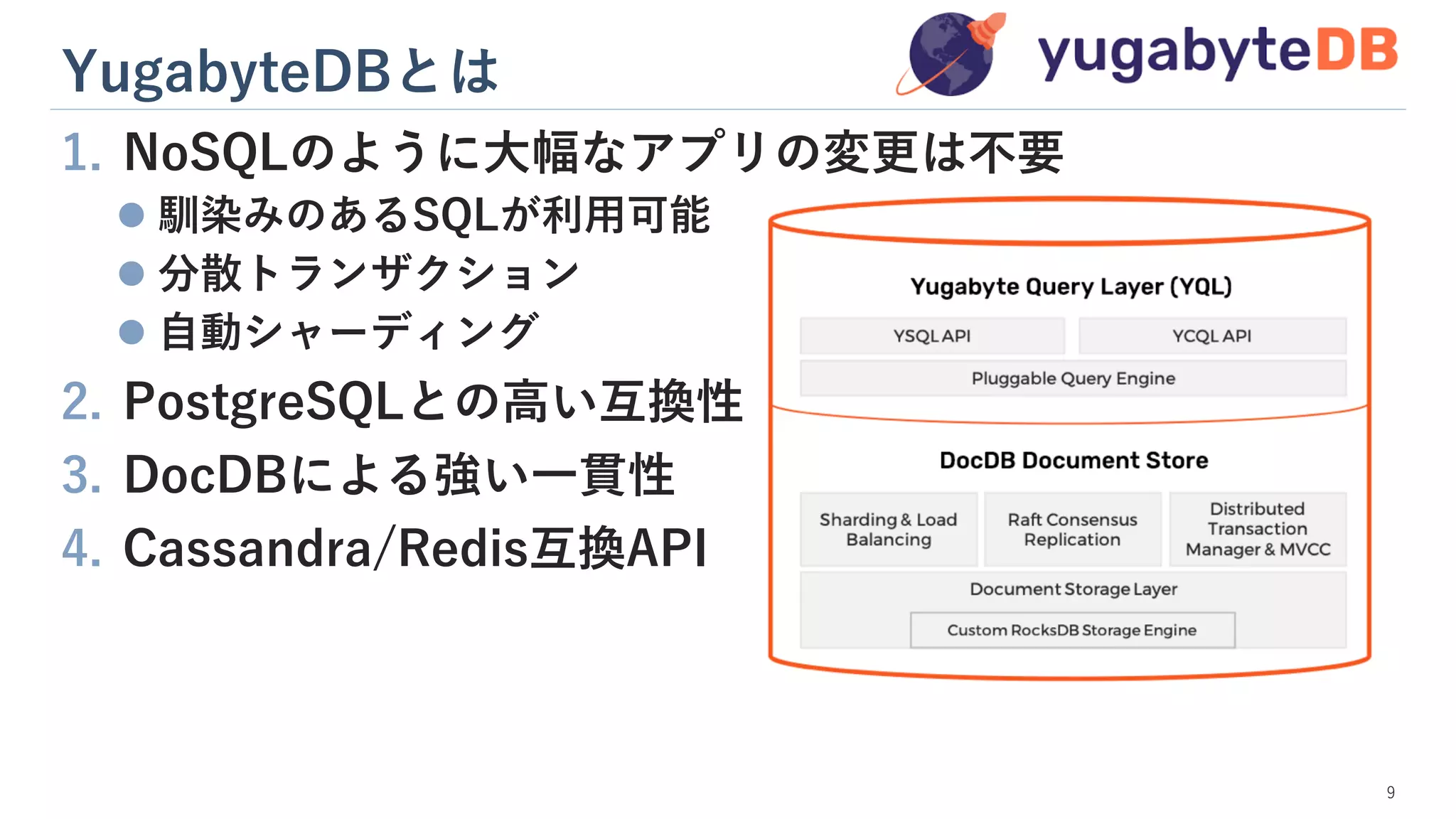 YugabyteDBとは
9
1. NoSQLのように大幅なアプリの変更は不要
⚫ 馴染みのあるSQLが利用可能
⚫ 分散トランザクション
⚫ 自動シャーディング
2. PostgreSQLとの高い互換性
3. DocDBによる強い一貫性
4. Cassandra/Redis互換API
 