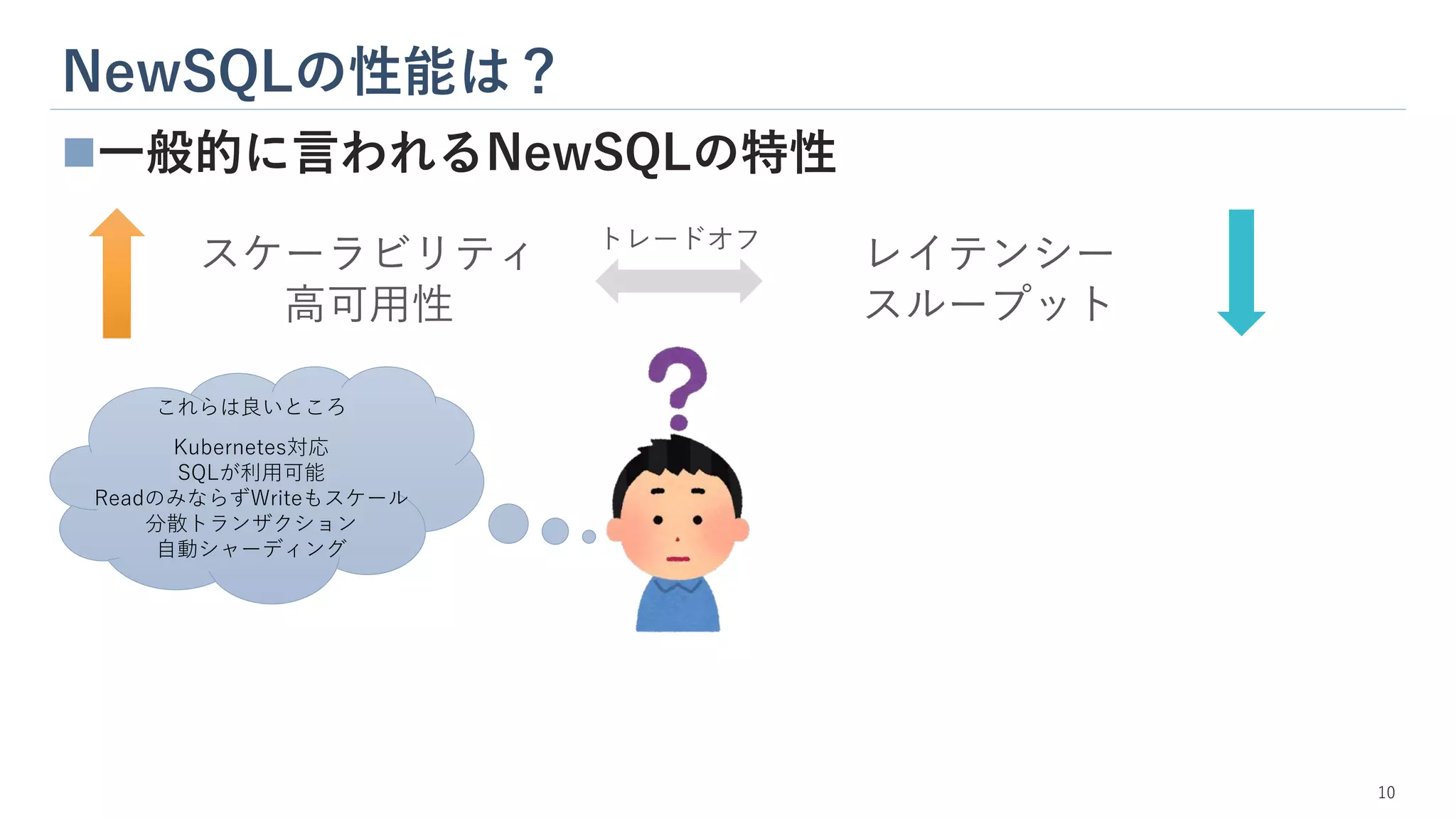 NewSQLの性能は？
10
◼一般的に言われるNewSQLの特性
スケーラビリティ
高可用性
レイテンシー
スループット
トレードオフ
これらは良いところ
Kubernetes対応
SQLが利用可能
ReadのみならずWriteもスケール
分散トランザクション
自動シャーディング
 