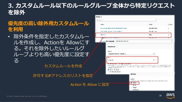 © 2022, Amazon Web Services, Inc. or its Affiliates.
優先度の⾼い除外⽤カスタムルール
を利⽤
• 除外条件を指定したカスタムルー
ルを作成し、Actionを Allowにす
る。それを除外したいルールグ
ループよりも⾼い優先度に設定す
る
3. カスタムルール以下のルールグループ全体から特定リクエスト
を除外
35
カスタムルールを作成
許可するIPアドレスのリストを指定
Action を Allow に設定
 