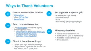 01
02
03
04
05
Ways to Thank Volunteers
• JibJab eCard
• gif via GIPHY Cam
• MemeCenter
Create a funny eCard or GIF email
...