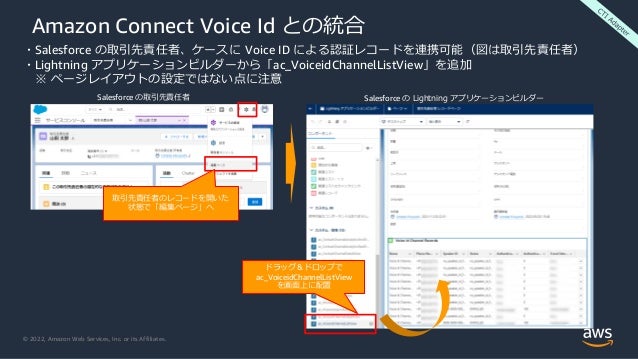 © 2022, Amazon Web Services, Inc. or its Affiliates.
Amazon Connect Voice Id との統合
・Salesforce の取引先責任者、ケースに Voice ID による認証レコードを連携可能（図は取引先責任者）
・Lightning アプリケーションビルダーから「ac_VoiceidChannelListView」を追加
※ ページレイアウトの設定ではない点に注意
取引先責任者のレコードを開いた
状態で「編集ページ」へ
ドラッグ＆ドロップで
ac_VoiceidChannelListView
を画面上に配置
Salesforce の Lightning アプリケーションビルダー
Salesforce の取引先責任者
 