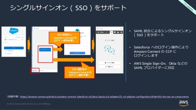 © 2022, Amazon Web Services, Inc. or its Affiliates.
シングルサインオン ( SSO ) をサポート
（詳細手順）https://amazon-connect.github.io/amazon-connect-salesforce-cti/docs/classic/cti-adapter/01-cti-adapter-configuration/#identify-the-sso-url-components
SSO 設定あり
（Amazon Connect の
ログイン操作不要）
SSO 設定なし
（Amazon Connect の
ログイン操作必要）
• SAML 統合によるシングルサインオン
( SSO ) をサポート
• Salesforce へのログイン操作により
Amazon Connect の CCP に
ログインします
• AWS Single Sign-On、Okta などの
SAML プロバイダーに対応
 