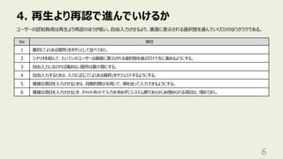 4. 再⽣より再認で進んでいけるか
6
ユーザーの認知負荷は再⽣より再認のほうが低い。⾃由⼊⼒させるより、画⾯に表⽰される選択肢を選んでいくだけのほうがラクである。
No 項⽬
1 最初に「よくある質問」をボタンとして並べておく。
2 シナリオを組んで、たいていのユーザーは画⾯に表⽰される選択肢を選ぶだけで先に進めるようにする。
3 ⾃由⼊⼒しなければ進めない箇所は最⼩限にする。
4 ⾃由⼊⼒するときは、⼊⼒に応じて「よくある質問」をサジェストするようにする。
5 複雑な項⽬を⼊⼒させるときは、段階的開⽰を⽤いて、順を追って⼊⼒できるようにする。
6 複雑な項⽬を⼊⼒させるとき、チャットボットで⼊⼒を求めずにシステム側であらかじめ埋められる項⽬は、埋めておく。
 