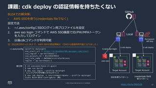 © 2022, Amazon Web Services, Inc. or its affiliates.
課題: cdk deploy の認証情報を持ちたくない
BLEAでの解決策:
• AWS SSOを使う(credentials fileでなく)
設定方法
1. ~/.aws/configにSSOログイン用プロファイルを設定
2. aws sso login コマンドで AWS SSO画面でID/PW/MFAトークン
を入力してログイン
3. 以後cdkコマンドが利用可能
注: 2022年3月の v2.18.0 で、AWS SSOの認証情報が、CDKから直接利用可能になりました！
$ aws sso login
$ cdk deploy
GitHub
Local
Permanent
API Key
Target Account Target Account
AWS SSO
SSOを使うパターン creedentials fileを
使うパターン
$ cdk deploy
[profile mytarget]
sso_start_url = https://d-deadbeef00.awsapps.com/start
sso_region = ap-northeast-1
sso_account_id = 012345678912
sso_role_name = AWSAdministratorAccess
region = ap-northeast-1
~/.aws/config
$ cd usecases/base-ct-guest
$ npm run build
$ aws sso login --profile mytarget
（ここでブラウザが開くのでログイン）
$ npx cdk deploy -c environment=myenv --profile mytarget
Stack BLEA-BASE-ConfigRule (略)
実行例
https://bit.ly/3NXZcJ0 17
 
