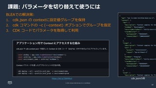 © 2022, Amazon Web Services, Inc. or its affiliates.
課題: パラメータを切り替えて使うには
BLEAでの解決策:
1. cdk.json の contextに設定値グループを保持
2. cdk コマンドの –c (--context) オプションでグループを指定
3. CDK コードでパラメータを取得して利用
cdk.jsonの例
https://bit.ly/3JkMWyX
18
 