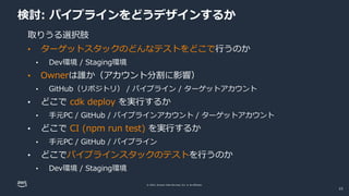 © 2022, Amazon Web Services, Inc. or its affiliates.
検討: パイプラインをどうデザインするか
取りうる選択肢
• ターゲットスタックのどんなテストをどこで行うのか
• Dev環境 / Staging環境
• Ownerは誰か（アカウント分割に影響）
• GitHub（リポジトリ） / パイプライン / ターゲットアカウント
• どこで cdk deploy を実行するか
• 手元PC / GitHub / パイプラインアカウント / ターゲットアカウント
• どこで CI (npm run test) を実行するか
• 手元PC / GitHub / パイプライン
• どこでパイプラインスタックのテストを行うのか
• Dev環境 / Staging環境
23
 