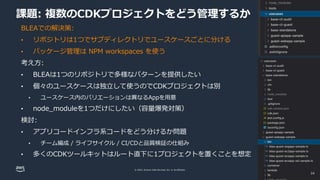 © 2022, Amazon Web Services, Inc. or its affiliates.
課題: 複数のCDKプロジェクトをどう管理するか
BLEAでの解決策:
• リポジトリは1つでサブディレクトリでユースケースごとに分ける
• パッケージ管理は NPM workspaces を使う
考え方:
• BLEAは1つのリポジトリで多様なパターンを提供したい
• 個々のユースケースは独立して使うのでCDKプロジェクトは別
• ユースケース内のバリエーションは異なるAppを用意
• node_moduleを1つだけにしたい（容量爆発対策）
検討:
• アプリコードインフラ系コードをどう分けるか問題
• チーム編成 / ライフサイクル / CI/CDと品質検証の仕組み
• 多くのCDKツールキットはルート直下に1プロジェクトを置くことを想定
24
 