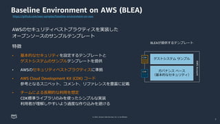 © 2022, Amazon Web Services, Inc. or its affiliates.
Baseline Environment on AWS (BLEA)
AWSのセキュリティベストプラクティスを実装した
オープンソースのサンプルテンプレート
特徴
• 基本的なセキュリティを設定するテンプレートと
ゲストシステムのサンプルテンプレートを提供
• AWSのセキュリティベストプラクティスに準拠
• AWS Cloud Development Kit (CDK) コード
参考となるスニペット、コメント、リファレンスを豊富に記載
• チームによる長期的な利用を想定
CDK標準ライブラリのみを使ったシンプルな実装
利用者が理解しやすいよう過度な作り込みを避ける
https://github.com/aws-samples/baseline-environment-on-aws
ガバナンス ベース
（基本的なセキュリティ）
ゲストシステム サンプル
AWS
Account
BLEAが提供するテンプレート
CDK
CDK
7
 