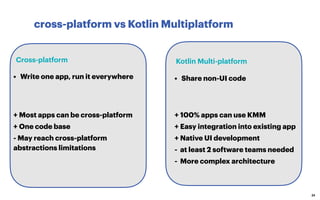 cross-platform vs Kotlin Multiplatform
24
• Share non-UI code
Kotlin Multi-platform
+ Most apps can be cross-platform
+ One code base
- May reach cross-platform
abstractions limitations
+ 100% apps can use KMM
+ Easy integration into existing app
+ Native UI development
- at least 2 software teams needed
- More complex architecture
• Write one app, run it everywhere
Cross-platform
 
