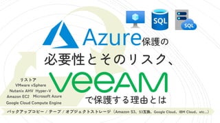VMware vSphere
Amazon EC2
Google Cloud Compute Engine
Nutanix AHV Hyper-V
Microsoft Azure
リストア
必要性とそのリスク、
で保護する理由とは
保護の
バックアップコピー / テープ / オブジェクトストレージ（Amazon S3、S3互換、Google Cloud、IBM Cloud、etc…）
 