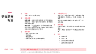研究洞察
報告
請以考量書面資料的閱讀性，進行資料的編排。pdf 格式繳交
成績：14%
4/27(三) 12:00前上傳到雲端硬碟/A_研究分析/8_研究洞察報告
1. 封面
主題、組別、成員(角色)
2. 主軸命題
命題背景：以設計主題做開頭，從研究團隊的
角度詳述，依據什麼樣的研究資料，覺得這是
個有價值的題目
需求描述：以HMW開頭，從研究團隊的角度
詳述期望未來的設計團隊，懷抱什麼樣的願景，
來滿足研究挖掘到的用戶需求
3. 研究資料
- 研究方法與執行流程
- 研究取樣
- 事拾圖內容
- 經驗地圖 (結論：有哪些機會點)
4. 人物誌Persona
參照代言人表單的填寫項目，斟酌補充相關
的數據資料，例如收入、花費、活動的、頻
率等。
將內容以專業視覺編排，讓資訊一目了然、
容易閱讀。
5. 用戶價值
4項正面議題，提供設計時，創新啟發的洞察
發現。
內容：標題、說明文字、呼應之田野經驗故
事
6. 附件
• 篩選問卷
• 訪談大綱
• 訪談摘要與田野紀錄
• 20則田野經驗故事
 