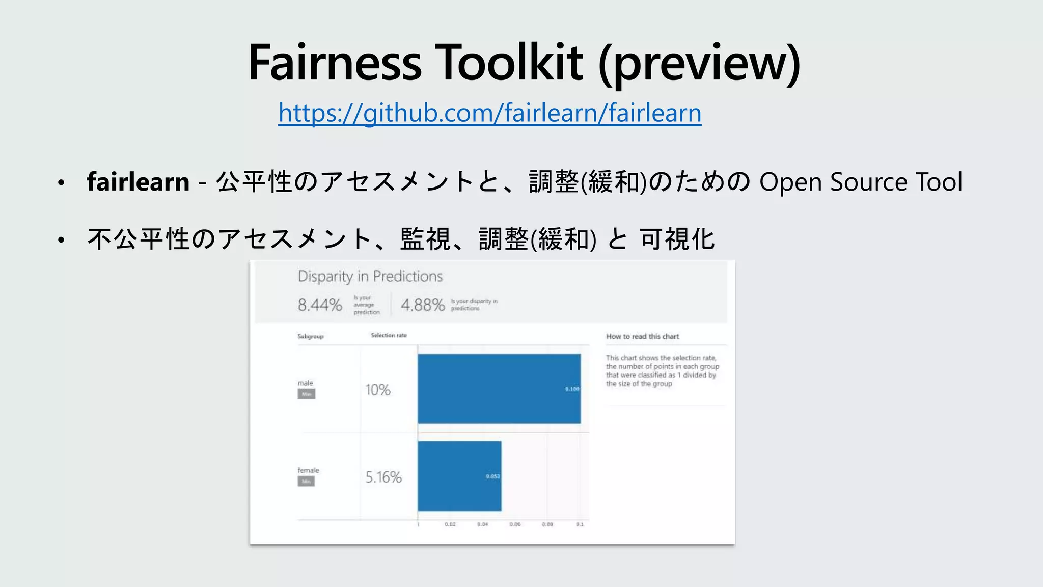 • fairlearn - 公平性のアセスメントと、調整(緩和)のための Open Source Tool
• 不公平性のアセスメント、監視、調整(緩和) と 可視化
https://github.com/fairlearn/fairlearn
 