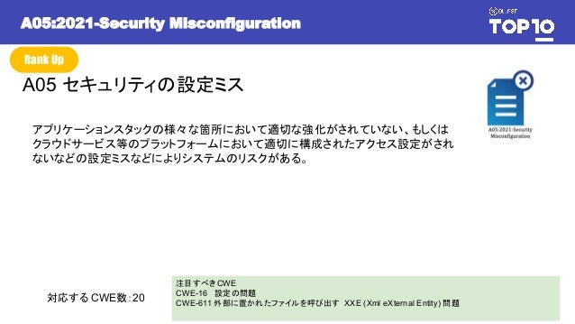 A05:2021-Security Misconfiguration
A05 セキュリティの設定ミス
アプリケーションスタックの様々な箇所において適切な強化がされていない、もしくは
クラウドサービス等のプラットフォームにおいて適切に構成されたアクセス設定がされ
ないなどの設定ミスなどによりシステムのリスクがある。
注目すべきCWE
CWE-16 設定の問題
CWE-611 外部に置かれたファイルを呼び出す XXE (Xml eXternal Entity) 問題
対応する CWE数：20
Rank Up
 