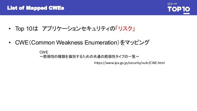List of Mapped CWEs
• Top 10は　アプリケーションセキュリティの「リスク」
• CWE（Common Weakness Enumeration）をマッピング
CWE
～脆弱性の種類を識別するための共通の脆弱性タイプの一覧～
https://www.ipa.go.jp/security/vuln/CWE.html
 