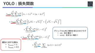 YOLO : 損失関数
損失に対する重み
• λ𝑐𝑜𝑜𝑟𝑑 = 5
• λ𝑛𝑜𝑜𝑏𝑗 = 0.5
グリッドセル内に物体を含むかのフラグ
• 𝑜𝑏𝑗 : 含む場合１
• 𝑛𝑜𝑜𝑏𝑗 : 含まない場合１
 
