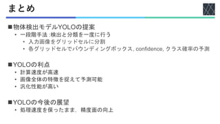 まとめ
◼物体検出モデルYOLOの提案
• 一段階手法 :検出と分類を一度に行う
• 入力画像をグリッドセルに分割
• 各グリッドセルでバウンディングボックス, confidence, クラス確率の予測
◼YOLOの利点
• 計算速度が高速
• 画像全体の特徴を捉えて予測可能
• 汎化性能が高い
◼YOLOの今後の展望
• 処理速度を保ったまま，精度面の向上
 