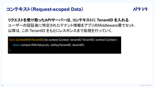 © 2022 LayerX Inc.
26
リクエストを受け取ったAPIサーバーは, コンテキストに TenantID を入れる
ユーザーの認証後に特定されたテナント情報をアプリのMiddleware層でセット.
以降は, この TenantID をもとにレスポンスまで処理を行っていく.
コンテキスト（Request-scoped Data）
func ContextWithTenantID(ctx context.Context, tenantID TenantID) context.Context {
return context.WithValue(ctx, ctxKeyTenantID, tenantID)
}
 