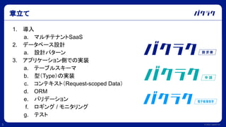 © 2022 LayerX Inc.
3
1. 導入
a. マルチテナントSaaS
2. データベース設計
a. 設計パターン
3. アプリケーション側での実装
a. テーブルスキーマ
b. 型（Type）の実装
c. コンテキスト（Request-scoped Data）
d. ORM
e. バリデーション
f. ロギング / モニタリング
g. テスト
章立て
 