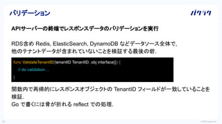 © 2022 LayerX Inc.
32
バリデーション
APIサーバーの終端でレスポンスデータのバリデーションを実行
RDS含め Redis, ElasticSearch, DynamoDB などデータソース全体で,
他のテナントデータが含まれていないことを検証する最後の砦.
関数内で再帰的にレスポンスオブジェクトの TenantID フィールドが一致していることを
検証.
Go で書くには骨が折れる reflect での処理.
func ValidateTenantID(tenantID TenantID, obj interface{}) {
// do validation…
}
 