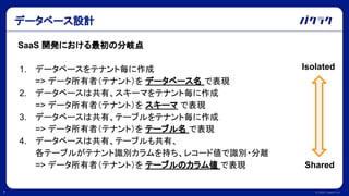 © 2022 LayerX Inc.
7
SaaS 開発における最初の分岐点
1. データベースをテナント毎に作成
=> データ所有者（テナント）を データベース名 で表現
2. データベースは共有、スキーマをテナント毎に作成
=> データ所有者（テナント）を スキーマ で表現
3. データベースは共有、テーブルをテナント毎に作成
=> データ所有者（テナント）を テーブル名 で表現
4. データベースは共有、テーブルも共有、
各テーブルがテナント識別カラムを持ち、レコード値で識別・分離
=> データ所有者（テナント）を テーブルのカラム値 で表現
データベース設計
Isolated
Shared
 