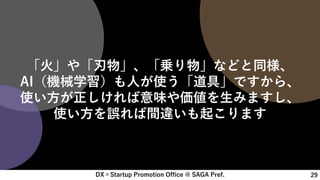 DX×Startup Promotion Office @ SAGA Pref. 29
「火」や「刃物」、「乗り物」などと同様、
AI（機械学習）も人が使う「道具」ですから、
使い方が正しければ意味や価値を生みますし、
使い方を誤れば間違いも起こります
 