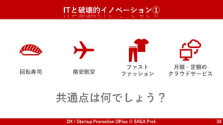 DX×Startup Promotion Office @ SAGA Pref. 39
ITと破壊的イノベーション①
回転寿司 格安航空
ファスト
ファッション
月額・定額の
クラウドサービス
共通点は何でしょう？
 