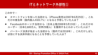 DX×Startup Promotion Office @ SAGA Pref. 41
ITとネットワーク外部性①
この中で…
 スマートフォンを知った当初から（iPhone発売は2007年6月29日）、これ
だけの普及率（国内個人の69.7％）になると予想していた人は？
 Facebookのローンチ当初から（日本上陸2008年5月19日）、これだけの
ユーザー（日本2,600万人、世界29億人）を獲得するとわかっていた人は？
 バーコード決済が始まった当初から（国内では2018年）、これだけしばし
ば目にする決済手段になることを予想していた人は？
 