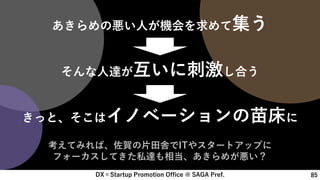 DX×Startup Promotion Office @ SAGA Pref. 85
あきらめの悪い人が機会を求めて集う
そんな人達が互いに刺激し合う
きっと、そこはイノベーションの苗床に
考えてみれば、佐賀の片田舎でITやスタートアップに
フォーカスしてきた私達も相当、あきらめが悪い？
 