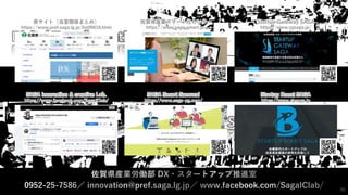 Digital Transformation
Startup Ecosystem
86
県サイト（当室関係まとめ）
https://www.pref.saga.lg.jp/list00618.html
SAGA innovation & creative Lab.
https://www.facebook.com/SagaIClab/
Startup Boost SAGA
https://www.sbsaga.jp
佐賀県産業スマート化センター
https://www.saga-smart.jp/
SAGA Smart Samurai
https://www.saga-pg.com/
Startup Gateway SAGA
https://www.sgsaga.jp/
 