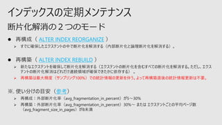 インデックスの定期メンテナンス
⚫ 再構成（ ALTER INDEX REORGANIZE ）
➢ すでに確保したエクステントの中で断片化を解消する（内部断片化と論理断片化を解消する）。
⚫ 再構築（ ALTER INDEX REBUILD ）
➢ 新たなエクステントを確保して断片化を解消する（エクステントの断片化を含むすべての断片化を解消する。ただし、エクス
テントの断片化解消はどれだけ連続領域が確保できたかに依存する） 。
➢ 再構築は最大精度（サンプリング100%）での統計情報の更新を伴う。よって再構築直後の統計情報更新は不要。
※. 使い分けの目安（参考）
➢ 再構成：外部断片化率（avg_fragmentation_in_percent）が5～30%
➢ 再構築：外部断片化率（avg_fragmentation_in_percent）30%～ または エクステントごとの平均ページ数
（avg_fragment_size_in_pages）が8未満
断片化解消の２つのモード
 