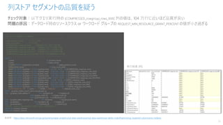 チェック対象：以下クエリ実行時の [COMPRESSED_rowgroup_rows_XXX] 列の値は、104 万行に近いほど品質が良い
問題の原因：データロード時のリソースクラス or ワークロード グループの REQUEST_MIN_RESOURCE_GRANT_PERCENT の値が小さ過ぎる
列ストア セグメントの品質を疑う
33
※参照：https://docs.microsoft.com/ja-jp/azure/synapse-analytics/sql-data-warehouse/sql-data-warehouse-tables-index#optimizing-clustered-columnstore-indexes
----------------------------------------------------------------------------------
-- CCI セグメント品質のチェック (簡易版)
----------------------------------------------------------------------------------
-- [table_partition_count] パーティション数
-- [row_count_total] トータル行数
-- [COMPRESSED_rowgroup_rows] 圧縮済み行グループのトータル行数
-- [COMPRESSED_rowgroup_rows_MIN] 圧縮済み行グループ内の最小行数
-- [COMPRESSED_rowgroup_rows_MAX] 圧縮済み行グループ内の最大行数
-- [COMPRESSED_rowgroup_rows_AVG] 圧縮済み行グループ内の平均行数
-- [COMPRESSED_rowgroup_rows_DELETED] 行グループ内の論理削除された行数
----------------------------------------------------------------------------------
SELECT
s.name AS [schema_name]
, t.name AS [table_name]
, COUNT(DISTINCT rg.[partition_number]) AS [table_partition_count]
, SUM(rg.[total_rows]) AS [row_count_total]
, SUM(CASE WHEN rg.[State] = 3 THEN rg.[total_rows] ELSE 0 END) AS [COMPRESSED_rowgroup_rows]
, AVG(CASE WHEN rg.[State] = 3 THEN rg.[total_rows] ELSE NULL END) AS [COMPRESSED_rowgroup_rows_AVG]
, MIN(CASE WHEN rg.[State] = 3 THEN rg.[total_rows] ELSE NULL END) AS [COMPRESSED_rowgroup_rows_MIN]
, MAX(CASE WHEN rg.[State] = 3 THEN rg.[total_rows] ELSE NULL END) AS [COMPRESSED_rowgroup_rows_MAX]
, SUM(CASE WHEN rg.[State] = 3 THEN rg.[deleted_rows] ELSE 0 END) AS [COMPRESSED_rowgroup_rows_DELETED]
, SUM(CASE WHEN rg.[State] = 1 THEN rg.[total_rows] ELSE 0 END) AS [OPEN_rowgroup_rows]
, AVG(CASE WHEN rg.[State] = 1 THEN rg.[total_rows] ELSE NULL END) AS [OPEN_rowgroup_rows_AVG]
, MIN(CASE WHEN rg.[State] = 1 THEN rg.[total_rows] ELSE NULL END) AS [OPEN_rowgroup_rows_MIN]
, MAX(CASE WHEN rg.[State] = 1 THEN rg.[total_rows] ELSE NULL END) AS [OPEN_rowgroup_rows_MAX]
, 'ALTER INDEX ALL ON ' + s.name + '.' + t.NAME + ' REBUILD;' AS [Rebuild_Index_SQL]
FROM sys.[pdw_nodes_column_store_row_groups] rg
JOIN sys.[pdw_nodes_tables] nt ON rg.[object_id] = nt.[object_id]
AND rg.[pdw_node_id] = nt.[pdw_node_id]
AND rg.[distribution_id] = nt.[distribution_id]
JOIN sys.[pdw_table_mappings] mp ON nt.[name] = mp.[physical_name]
JOIN sys.[tables] t ON mp.[object_id] = t.[object_id]
JOIN sys.[schemas] s ON t.[schema_id] = s.[schema_id]
--WHERE s.name = @schemaName AND t.name = @tableName
GROUP BY s.[name], t.[name]
ORDER BY s.[name], t.[name]
 