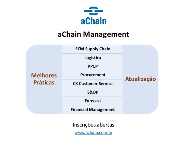 www.achain.com.br
aChain Management
Inscrições abertas
Melhores
Práticas
SCM Supply Chain
Logística
PPCP
Procurement
CX Customer Service
S&OP
Forecast
Financial Management
Atualização
 