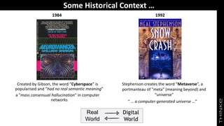 Some Historical Context …
Created by Gibson, the word “Cyberspace” is
popularised and “had no real semantic meaning”
a "mass consensual hallucination" in computer
networks
Stephenson creates the word “Metaverse”, a
portmanteau of "meta" (meaning beyond) and
“universe”
“ … a computer-generated universe …”
Real
World
Digital
World
1992
1984
 