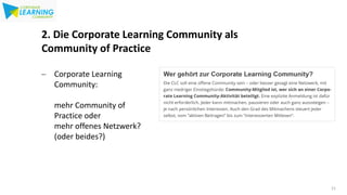 11
11
2. Die Corporate Learning Community als
Community of Practice
− Corporate Learning
Community:
mehr Community of
Prac...