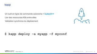 ©2022 VMware, Inc. @Alexandre_Roman @bmoussaud 11
kapp
Un outil en ligne de commande autonome = kubectl++
Lier des ressources K8s entre elles
Validation synchrone du déploiement
$ kapp deploy –a myapp –f myconf
 