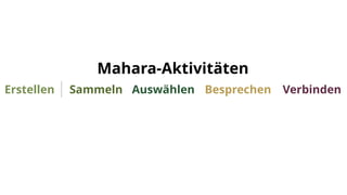 Mahara-Aktivitäten
Erstellen Sammeln Auswählen Besprechen Verbinden
 